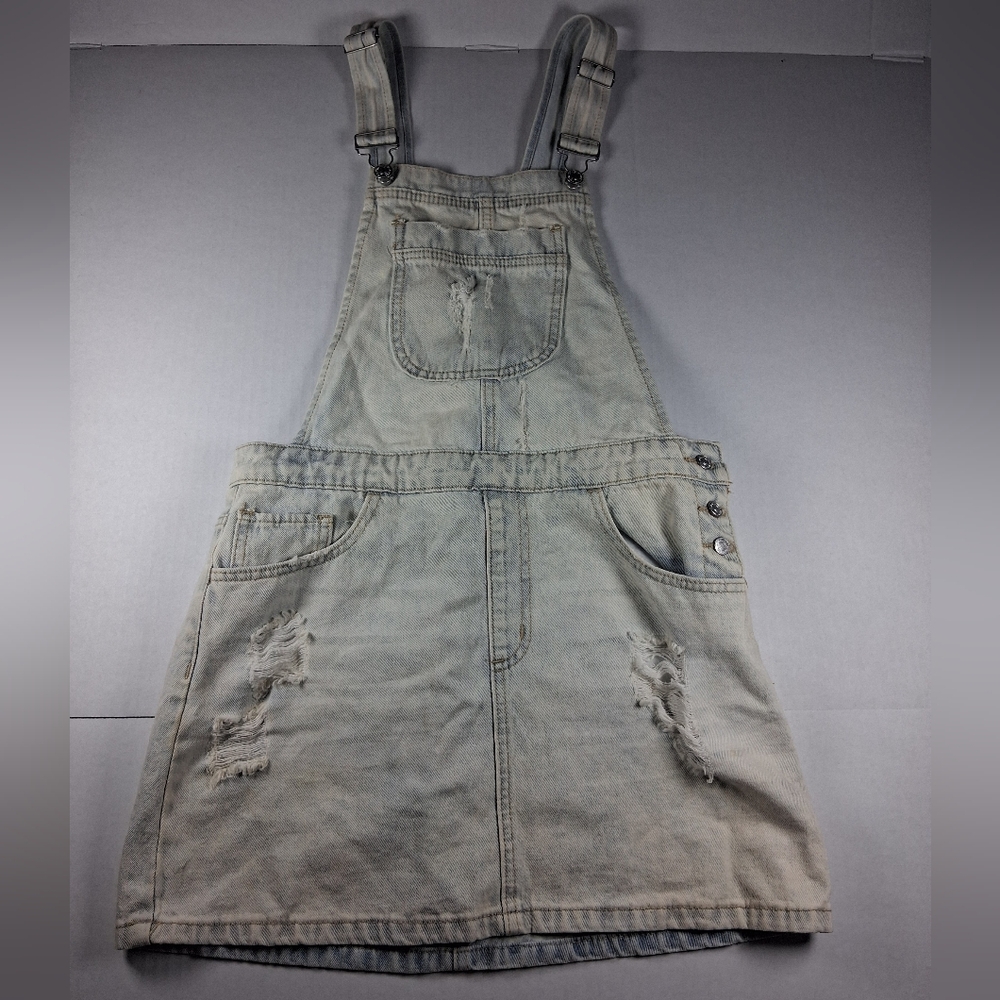 Forever 21 Denim Overall Skirt Dress Light Wash Distressed Denim Jean Medium